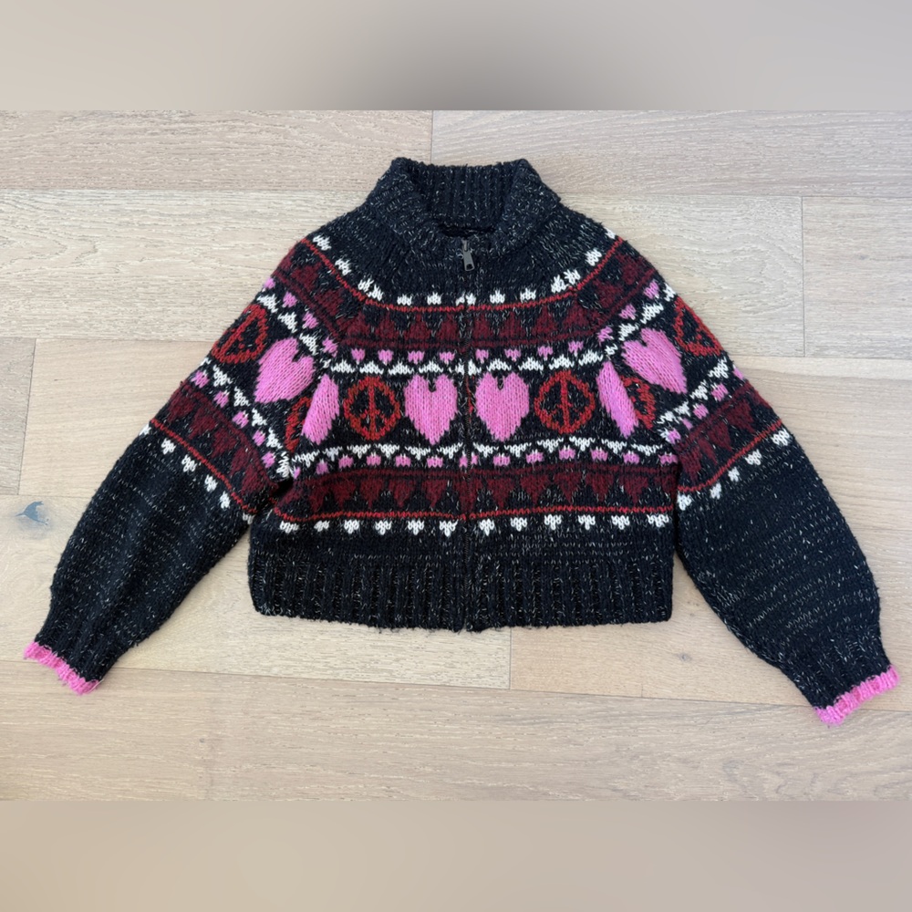 Anthropologie Pilcro Black Knit Sweater with Pink hearts XS petite XSP